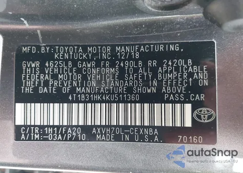 2019 Toyota Camry Hybrid Le z USA, uszkodzony, nr VIN 4T1B31HK4KU511360